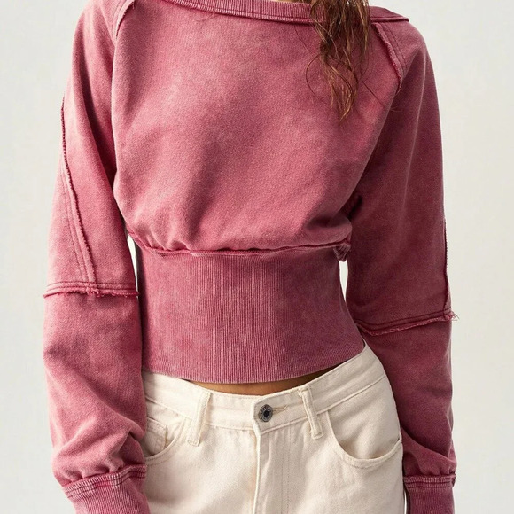Tops - Pink Casual Women's Knitted Long Sleeve Cropped Loose Pullover Sweater